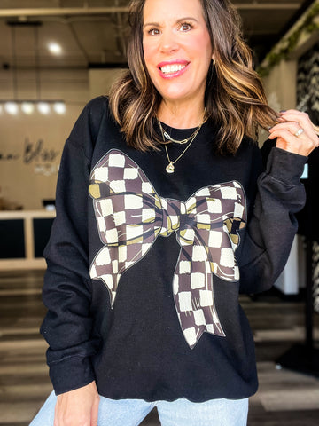 Checkered Bow Black Sweatshirt