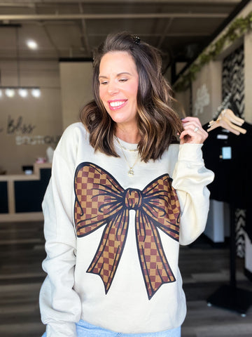 Checkered Bow Tan Sweatshirt