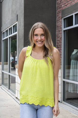 sleeveless tops, gauze texture tops, lime green tops, embroidered tops, summer tops, drew limeade another love, another love tops, urban bliss boutique, waco boutique, online boutique, baylor boutique, texas boutique, robinson boutique